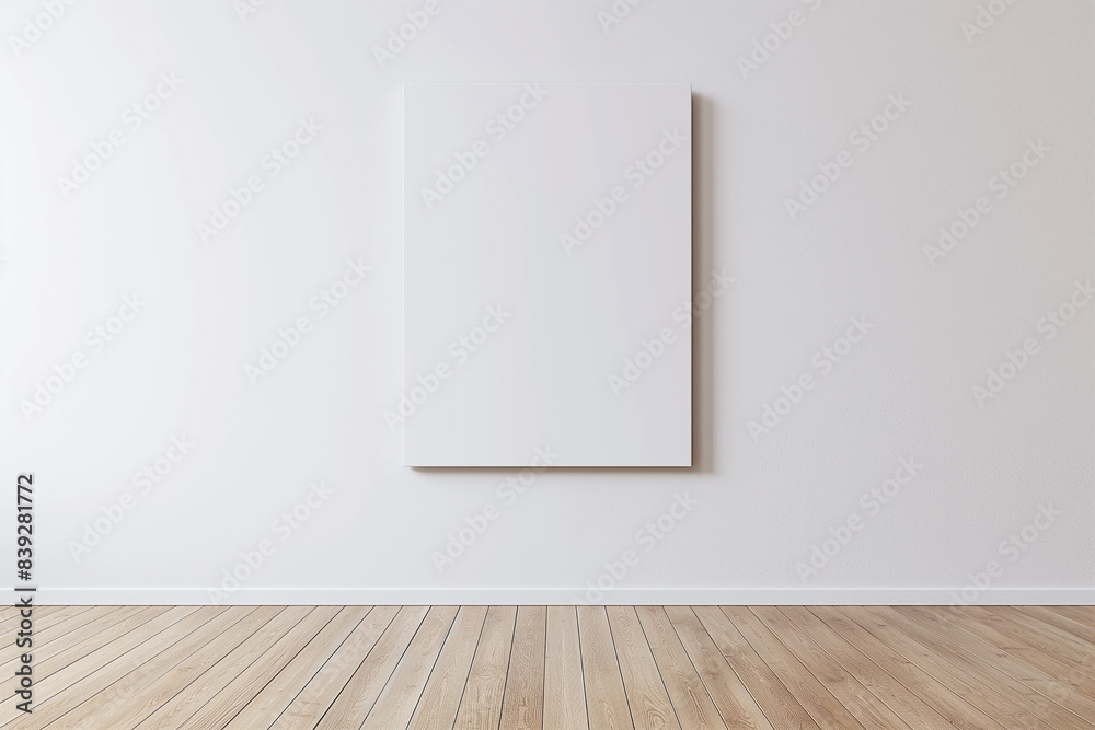 3d rendering, A blank white picture frame hanging on an empty wall with light wood floors. There is nothing in the photo, it's just a plain white wall and a simple white wooden floor 3d rendering, A blank white picture frame hanging on an empty wall with light wood floors. There is nothing in the photo, it's just a plain white wall and a simple white wooden floor