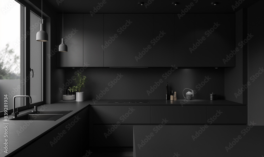 3d rendering, Black kitchen with sleek, modern design and minimalist furniture 3d rendering, Black kitchen with sleek, modern design and minimalist furniture