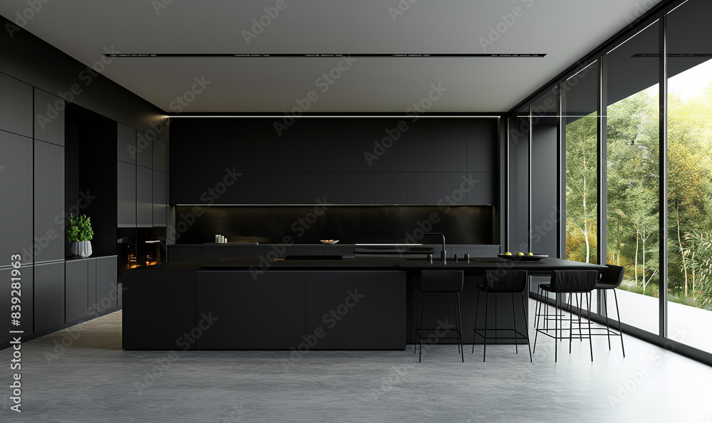 3d rendering, Black kitchen with sleek, modern design and minimalist furniture
