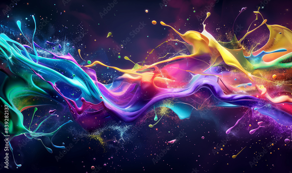 Fototapeta premium A colorful paint splash forming, splashing and swirling in vibrant hues against a dark background. The colors should be bright with shades like blue, purple, green, yellow, orange