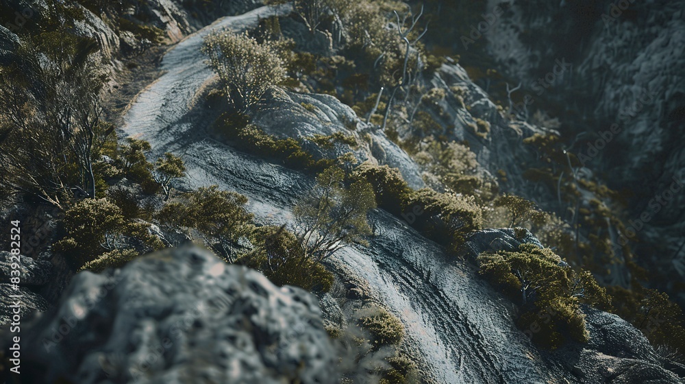 Rocky forest road climbing up a mountain, close-up, challenging terrain, adventure beckons, no humans Rocky forest road climbing up a mountain, close-up, challenging terrain, adventure beckons, no humans