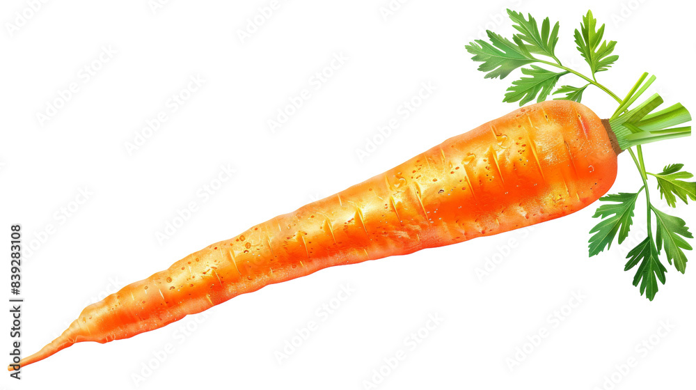 A single orange carrot with green tops, isolated on a white background A single orange carrot with green tops, isolated on a white background