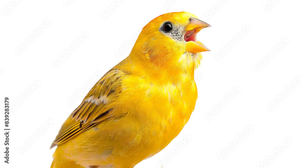 Yellow canary bird singing with open beak on white background Yellow canary bird singing with open beak on white background