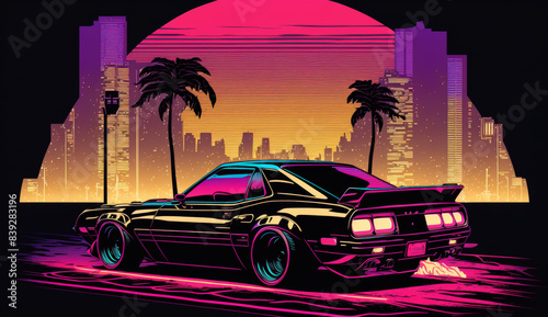 car on the beach in synthwave 80s style photo