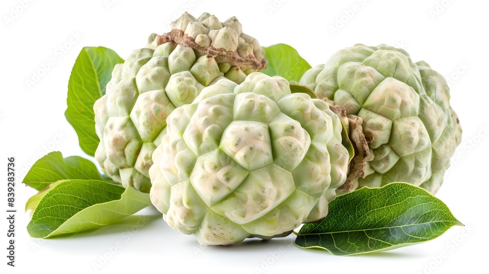 Fototapeta premium Fresh custard apples on white background. Clean and bright. Perfect for healthy food concepts and organic lifestyle promotions. AI