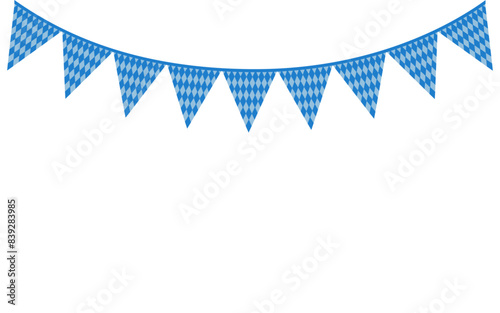 Garland of blue flags with diamonds for Oktoberfest and Father's Day. Triangular flags hanging on a rope isolated on a transparent and white background. Vector flat illustration. Holiday decoration.