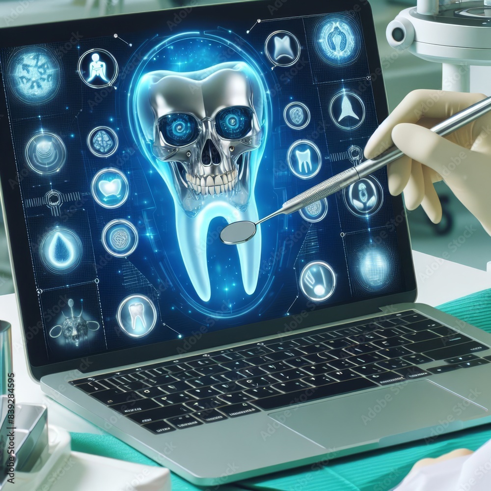 A futuristic depiction of dental technology featuring a skull with glowing blue eyes displayed on a laptop screen, highlighting medical advancements and innovation.
