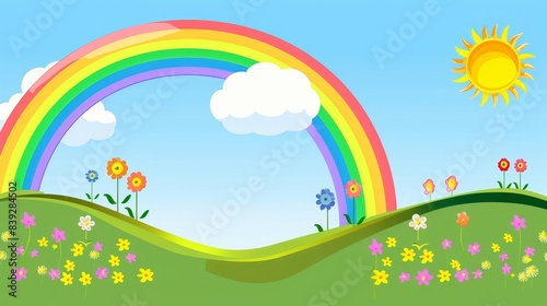 Colorful illustration of a vibrant rainbow arching over a green field with blooming flowers, fluffy clouds, and a bright sun in a blue sky. Cheerful spring landscape concept.