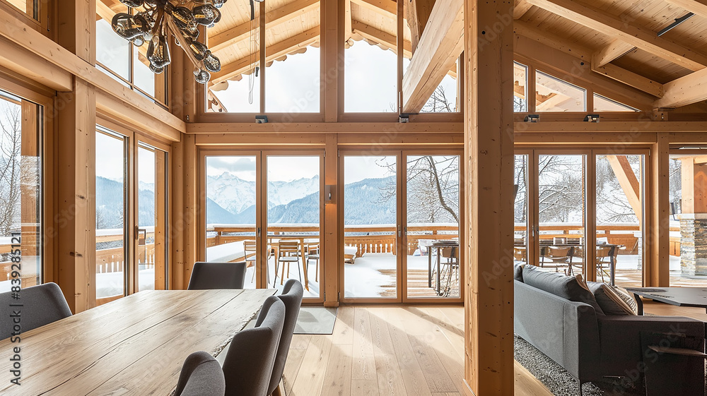 Cozy light interior in a spacious wooden house with panoramic windows and mountain views Cozy light interior in a spacious wooden house with panoramic windows and mountain views