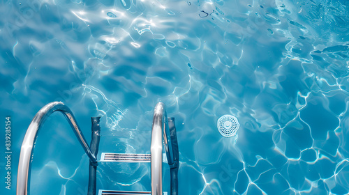 Closeup clean blue swimming pool with ladder view, generative AI