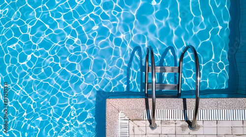 Closeup clean blue swimming pool with ladder view, generative AI