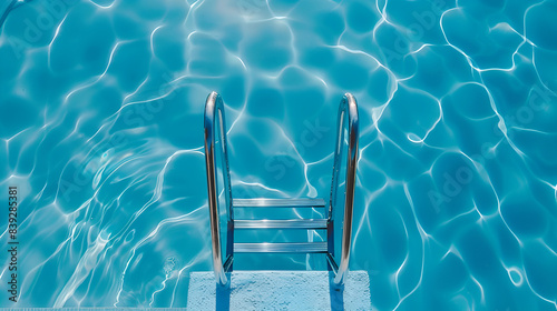 Closeup clean blue swimming pool with ladder view, generative AI