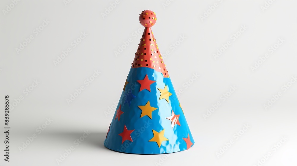 Colorful party hat with star pattern on white background, perfect for celebrations and festive events. Colorful party hat with star pattern on white background, perfect for celebrations and festive events.