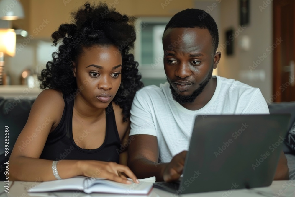 Two people viewing laptop screen on couch Two people viewing laptop screen on couch
