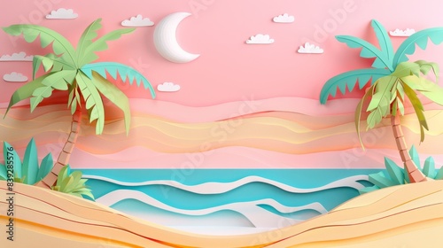 A whimsical beach scene made of paper art with palm trees, crescent moon, and a pink sky.