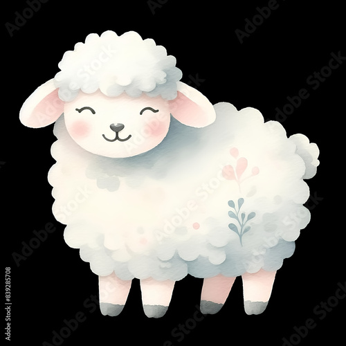 Watercolor illustration of a sheep on a black background.
