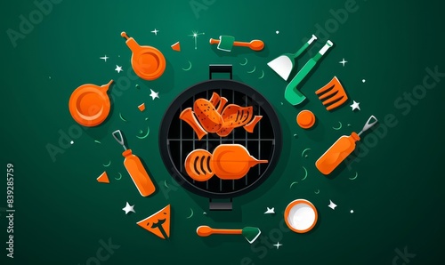 Festive BBQ flat design top view summer cookout theme cartoon drawing Complementary Color Scheme photo