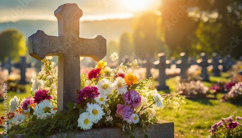 Grave cross with flowers, peaceful cemetery in sunlight. 
