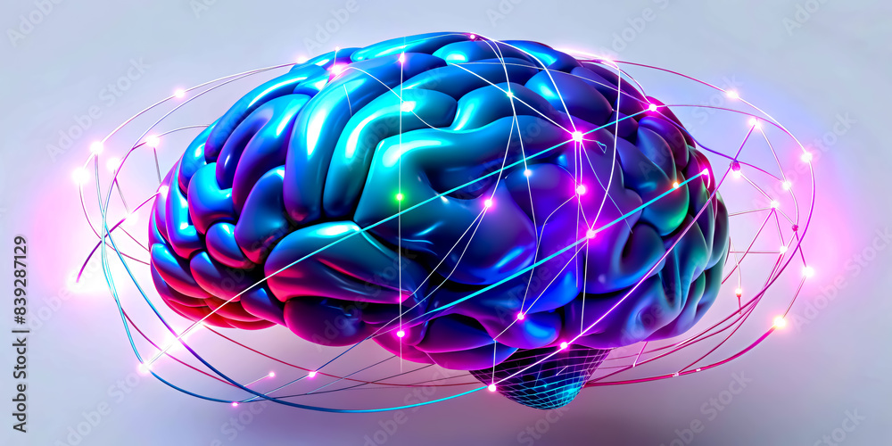 3D Digital Artwork. Human Brain Model in Vivid Neon Hues on a Grey ...