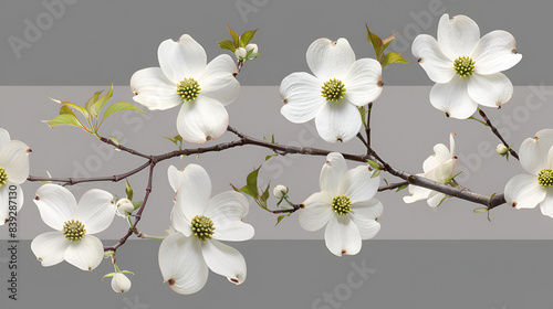 Closeup dogwood branch with blossoms on isolated, generative AI