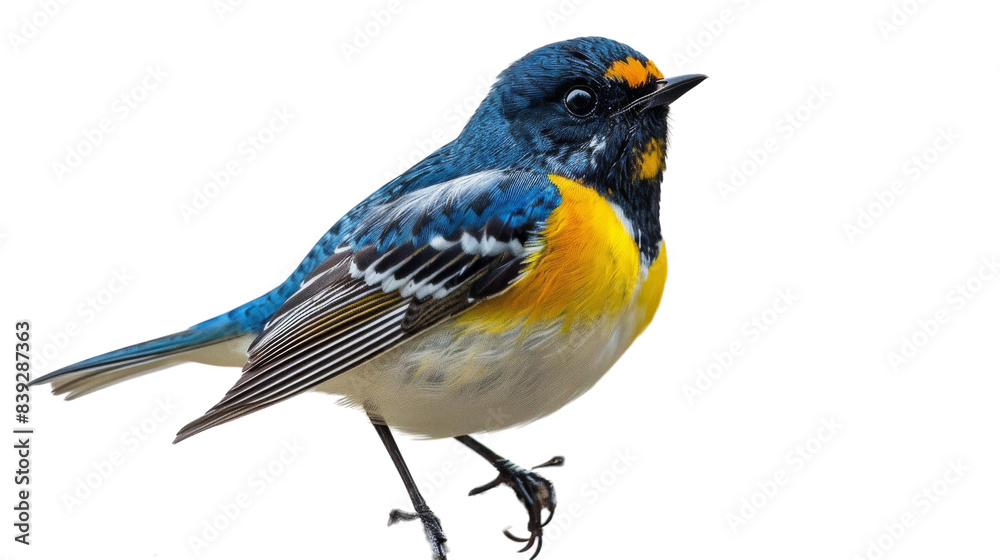 A small blue-headed vireo bird with a yellow breast and black eye is perched on a white background A small blue-headed vireo bird with a yellow breast and black eye is perched on a white background