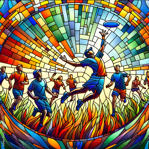 Stained glass picture of Ultimate Frisbee