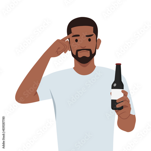 Young man refuse drinking alcohol pointing his forehead ask people to think. Flat vector illustration isolated on white background