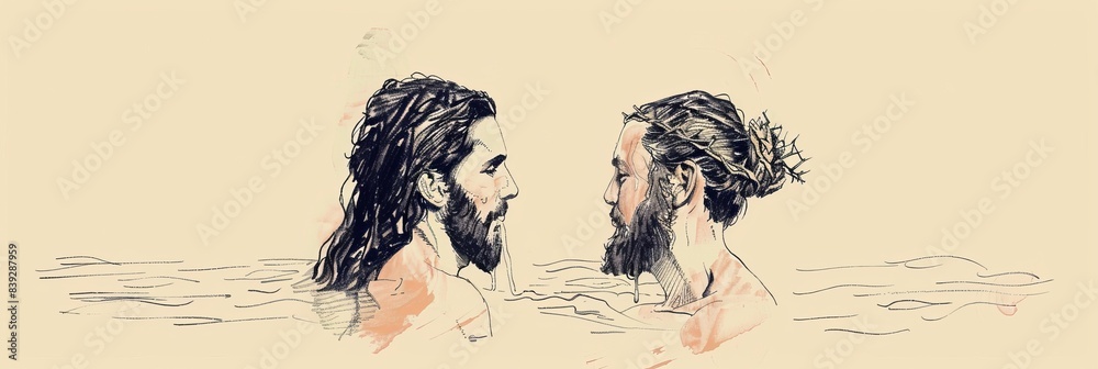 Jesus Being Baptized by John in the Jordan River, Biblical Illustration of Renewal and Faith, Ideal for Religious Banner,Christian banner Jesus Being Baptized by John in the Jordan River, Biblical Illustration of Renewal and Faith, Ideal for Religious Banner,Christian banner