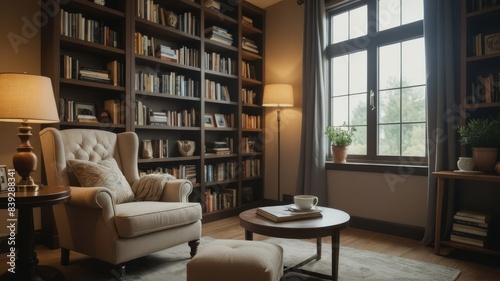 Cinematic Photo of a Comfortable Reading Nook in a Home Office with a Bookshelf, Cozy Chair, and Side Table with a Cup of Tea, Capturing a Tranquil and Inviting Atmosphere