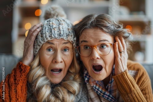 Two astonishment women in hats and glasses photo