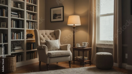 Cinematic Photo of a Comfortable Reading Nook in a Home Office with a Bookshelf, Cozy Chair, and Side Table with a Cup of Tea, Capturing a Tranquil and Inviting Atmosphere