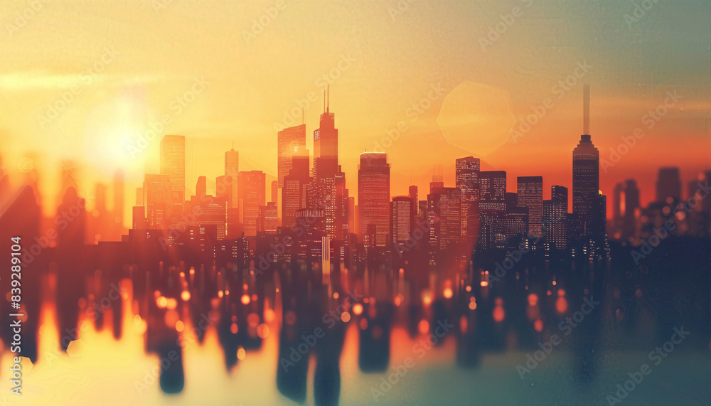 Fototapeta premium Stunning urban skyline at sunset with modern skyscrapers and a vibrant cityscape reflected in water, creating a serene and visually striking scene.