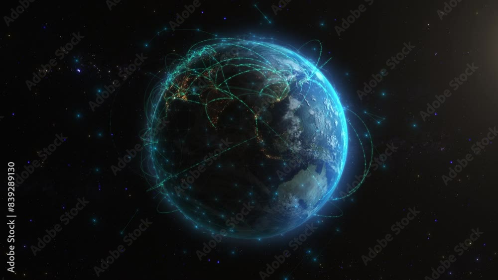 3D Earth Digital Connected Network Background. Worldwide Big Data Cloud. World Connections with Lines and City Lights. Spinning Futuristic Loopable Animation.