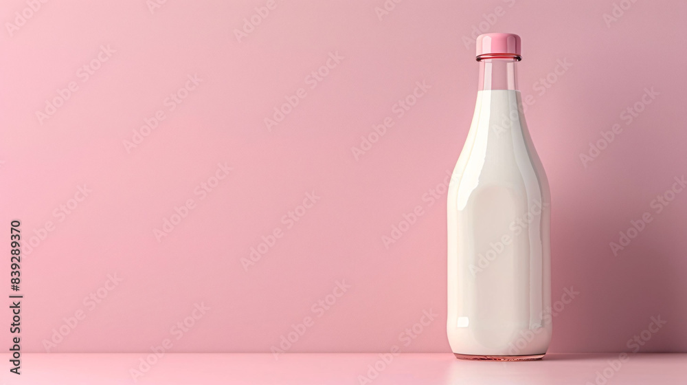 A minimalist image featuring a milk bottle against a pink background. The simple design emphasizes cleanliness and freshness, making it suitable for dairy product marketing and advertising. A minimalist image featuring a milk bottle against a pink background. The simple design emphasizes cleanliness and freshness, making it suitable for dairy product marketing and advertising.