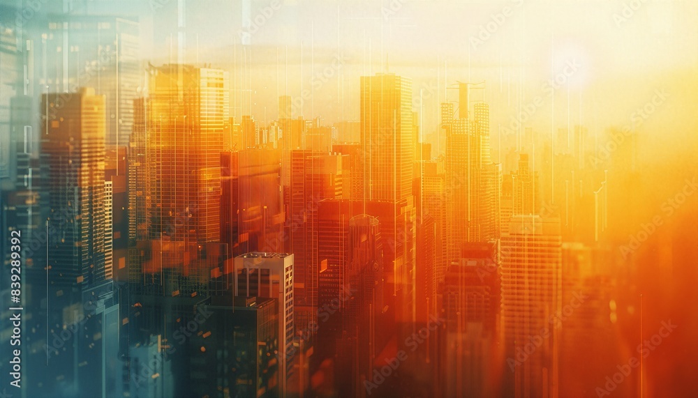 Abstract urban skyline with futuristic overlay at sunset, featuring vibrant colors and a blend of modern architectural elements. Abstract urban skyline with futuristic overlay at sunset, featuring vibrant colors and a blend of modern architectural elements.