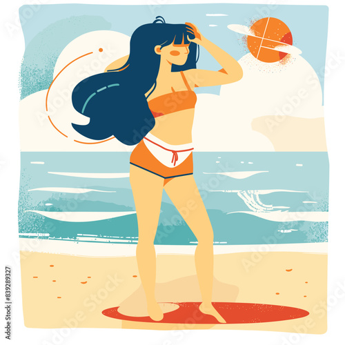 Young woman standing beach observing horizon hand shielding eyes sun, Summer vacation beach lifestyle woman bikini. Blue wavy hair lady scans sea waves sunny day, relaxation