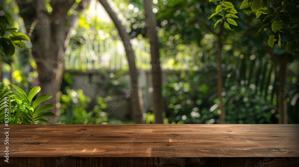 Wood tabletop against the backdrop of a green garden. Empty countertop with summer nature for product presentation. Picnic board mockup for drinks and food. Wood tabletop against the backdrop of a green garden. Empty countertop with summer nature for product presentation. Picnic board mockup for drinks and food.