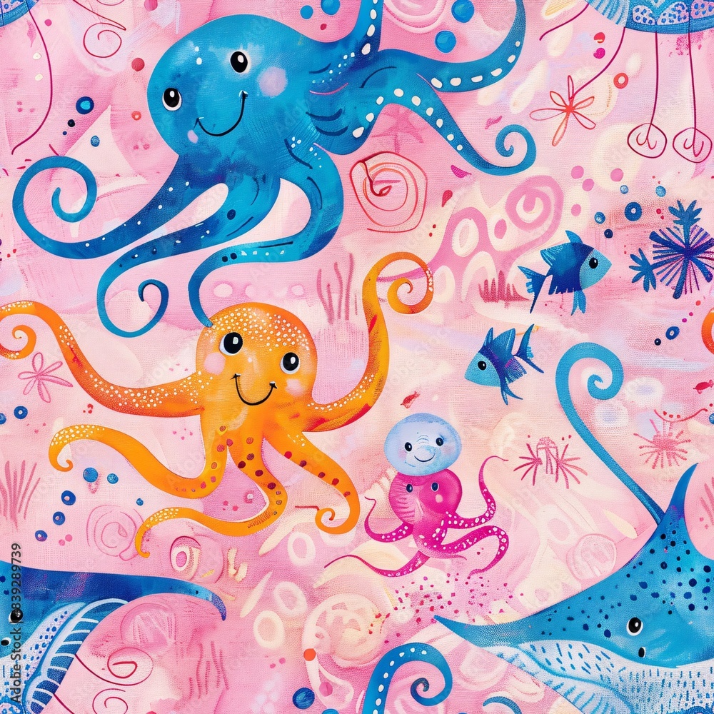 A cheerful underwater pattern featuring smiling octopuses and jellyfish with a majestic manta ray. The octopuses have vibrant colors and playful expressions, while the jellyfish have swirling A cheerful underwater pattern featuring smiling octopuses and jellyfish with a majestic manta ray. The octopuses have vibrant colors and playful expressions, while the jellyfish have swirling
