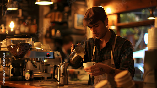 A barista in a trendy coffee shop in Melbourne, skillfully pouring latte art into a cup, surrounded by coffee machines, pastries, and warm, inviting lighting
