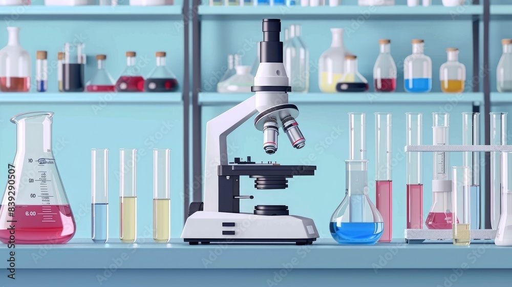 a laboratory with a microscope, test tubes, and other equipment. a laboratory with a microscope, test tubes, and other equipment.