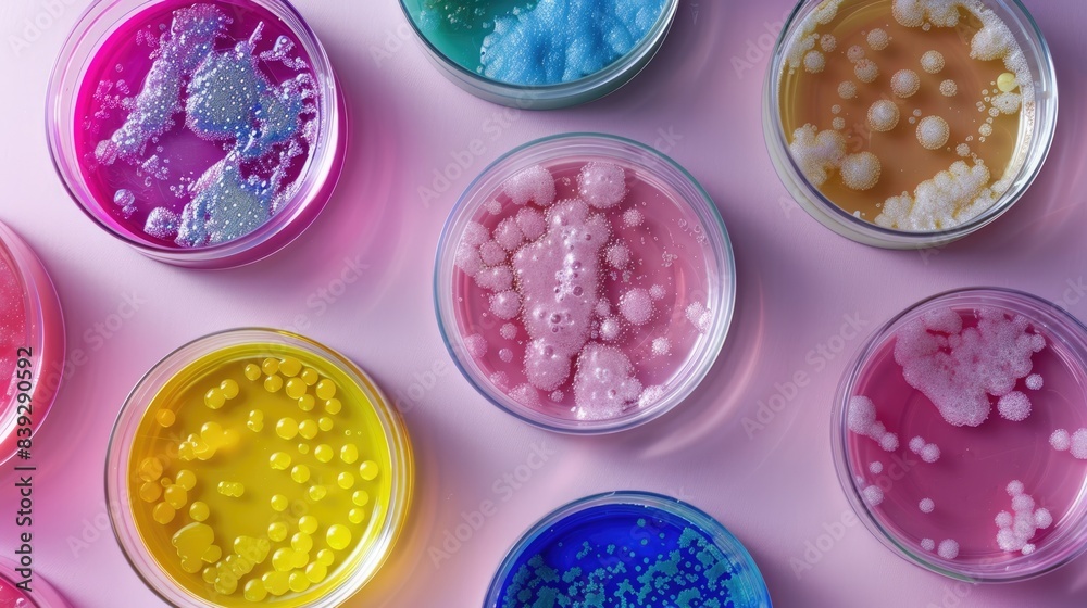 Petri dishes with colorful bacteria growing on them. The bacteria are pink, blue, yellow, and purple. Petri dishes with colorful bacteria growing on them. The bacteria are pink, blue, yellow, and purple.