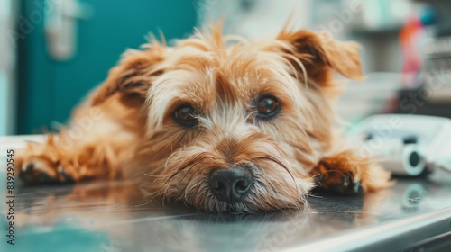 This image captures a close-up of a brown small breed dog looking directly at the camera with a soft-focus background © familymedia