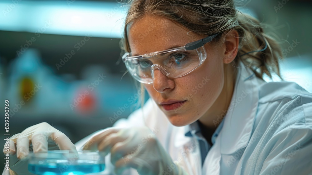 A young female scientist wearing a lab coat and safety goggles is carefully examining a petri dish containing a blue liquid. A young female scientist wearing a lab coat and safety goggles is carefully examining a petri dish containing a blue liquid.