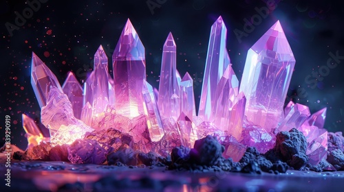 Luminescent ultraviolet crystals glowing in the dark. Surreal and magical crystal formation