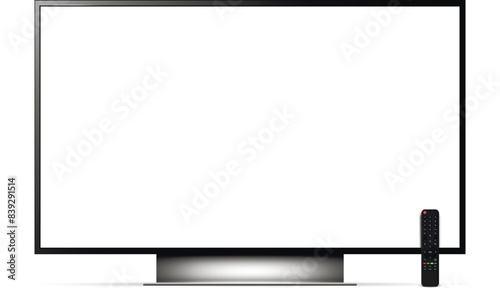 Realistic tv blank screen with remote control isolated on white background.