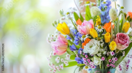 A beautiful and colorful arrangement of mixed spring flowers with a bright and airy background