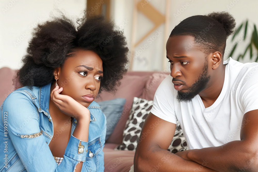Black young couple offended and sad sitting on couch, family quarrels concept Black young couple offended and sad sitting on couch, family quarrels concept
