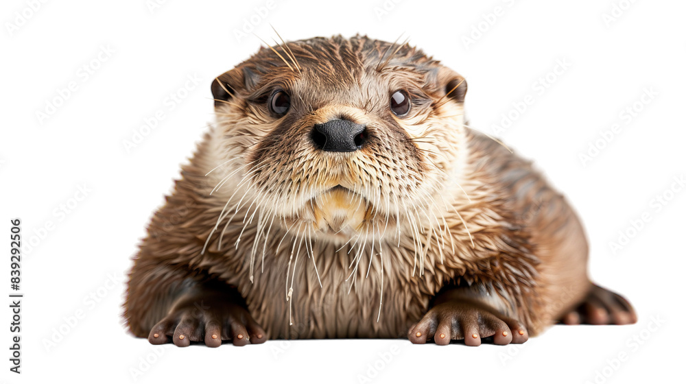 Close-up portrait of a wet otter looking directly at the camera Close-up portrait of a wet otter looking directly at the camera