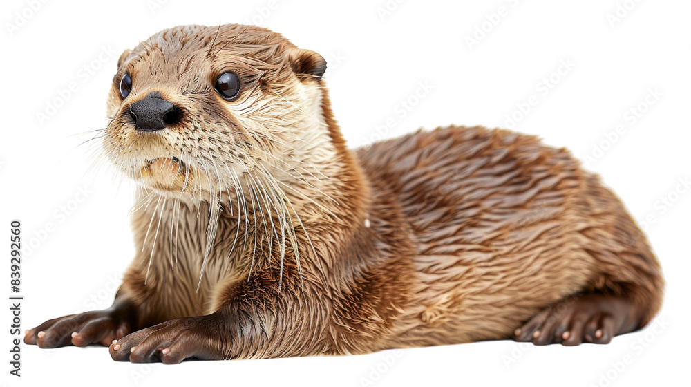 A River Otter lays on a white background A River Otter lays on a white background