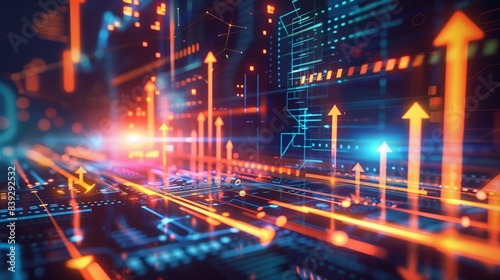 High-definition futuristic arrow chart depicting digital transformation, with abstract technology visuals.  © MuhammadJunaid